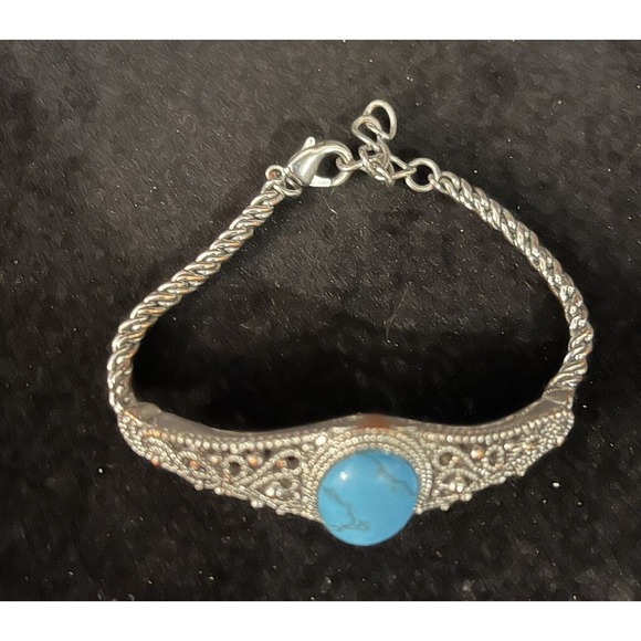 Canyon Sky Southwest Inspired Bracelet Intricate Silver Tone w/ Oval Turquoise - Picture 2 of 5